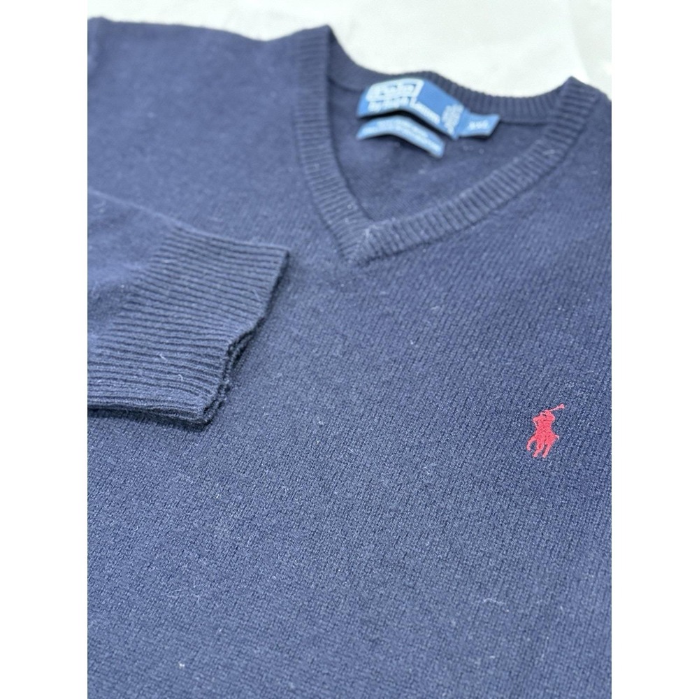 Polo Ralph Lauren Sweater Mens XXLarge Navy Blue V Neck Lambswool Knit Pullover